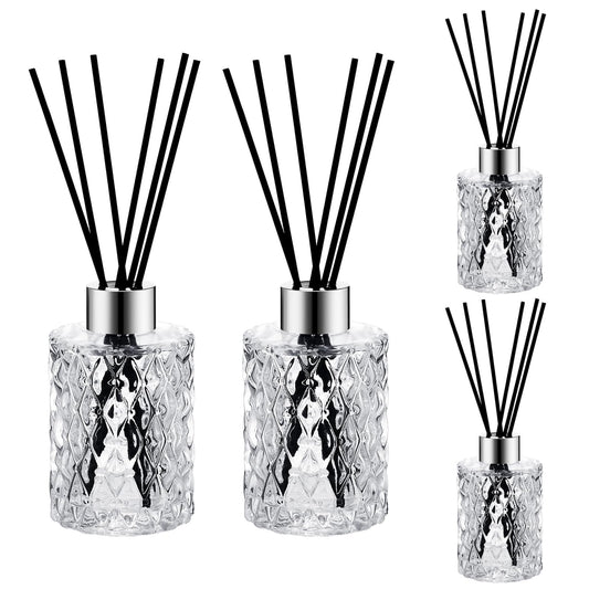 Small Clear Glass Reed Diffuser Bottles with Stick, Vintage Embossed Apothecary Style Flower Bud Vases with Cork Lids, 150ml Refillable Patterned Glass Vase Set of 4