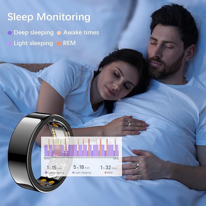 Ring Health Tracker for Women Men, Fit Ring with Heart Rate, Blood Oxygen, Sleep Monitor, Calories, Step Counter, IP68 Waterproof Smart Ring for iPhone & Android, No Subscription Fee (Black, 6#)