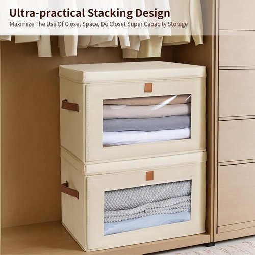 Homsorout Large Closet Storage Bins - Collapsible Clothing Organizers with Handles & Lids | 6 Pack, Beige