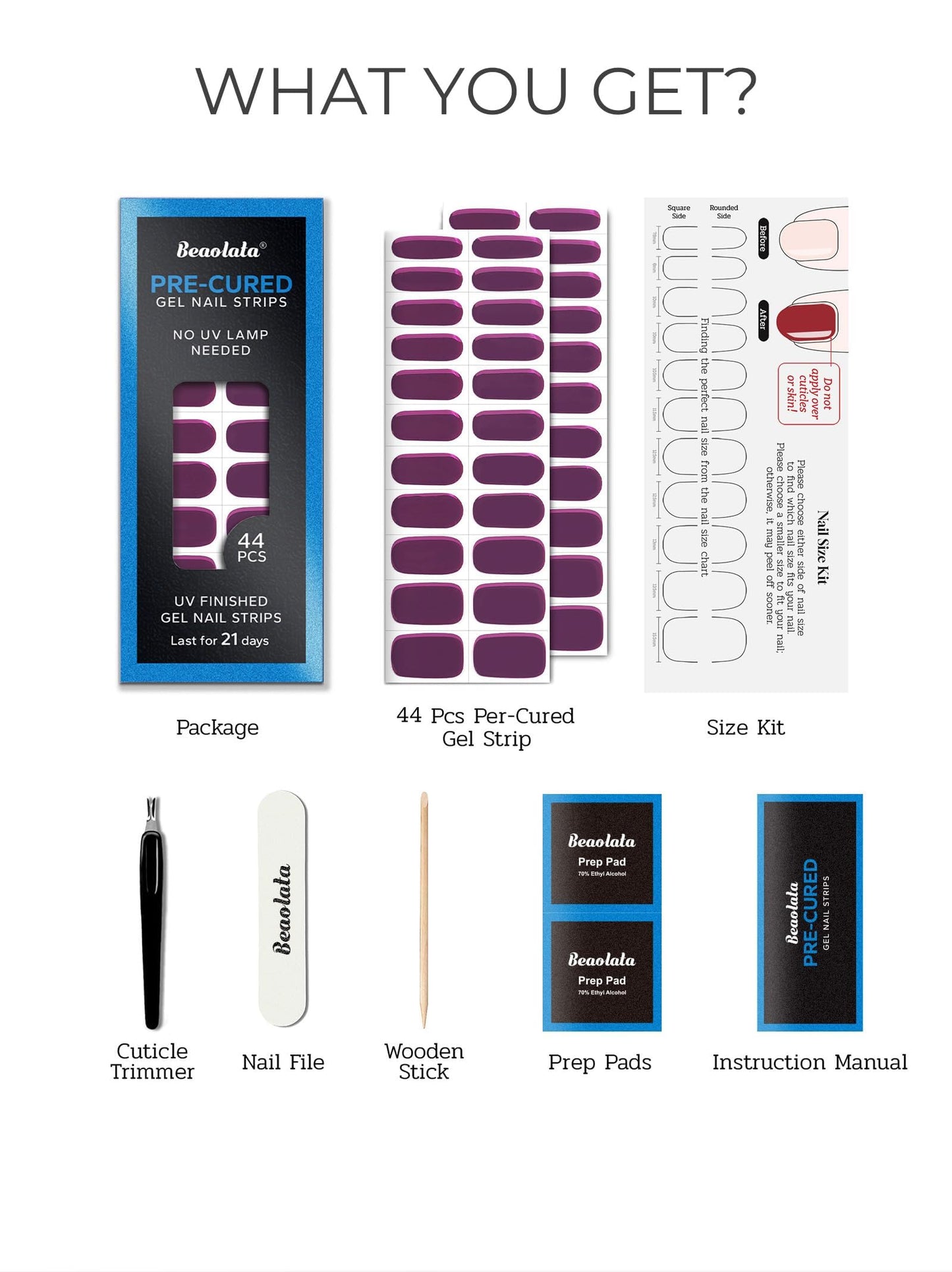 Beaolata Real Gel Nail Strips (No UV Light Needed) - 44Pcs Salon Quality Nail Stickers - Long Lasting Polish Wraps for Women, Easy Apply & Remove (Fudge Purple）