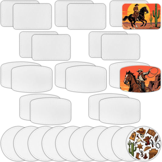 iFForce Full Sublimation Blank Leatherette Patches Without Border - 30 Pcs Waterproof Smooth Glossy PU Iron on Hat Patches - Rectangle Rounded Rectangle Round Patches for DIY Hat & Clothes Business