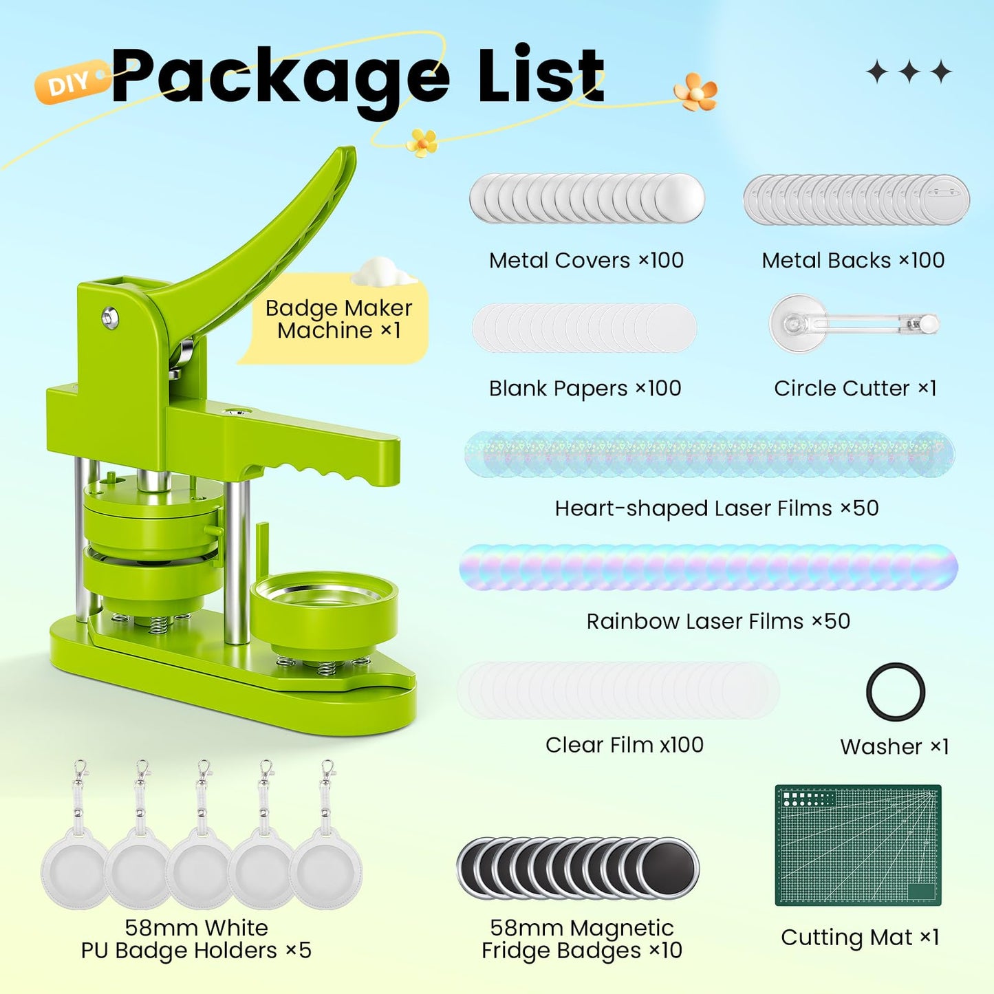 Button Maker Machine 2.25''(58mm), Pin Maker Button Press Machine W/100 Holographic Film Pinbacks,10 Fridge Magnet, 5 Keychain Sleeve, Create Fan Pins for Cosplay, Anime Meetups, Kpop