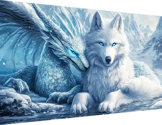 igoodom Large Diamond Painting, Dragon and Wolf Large Diamond Art Kits for Adults, Full Drill Round Big Diamond Painting, DIY Gem Art and Crafts for Home Wall Decor Gift 27.5 X 15.7inch