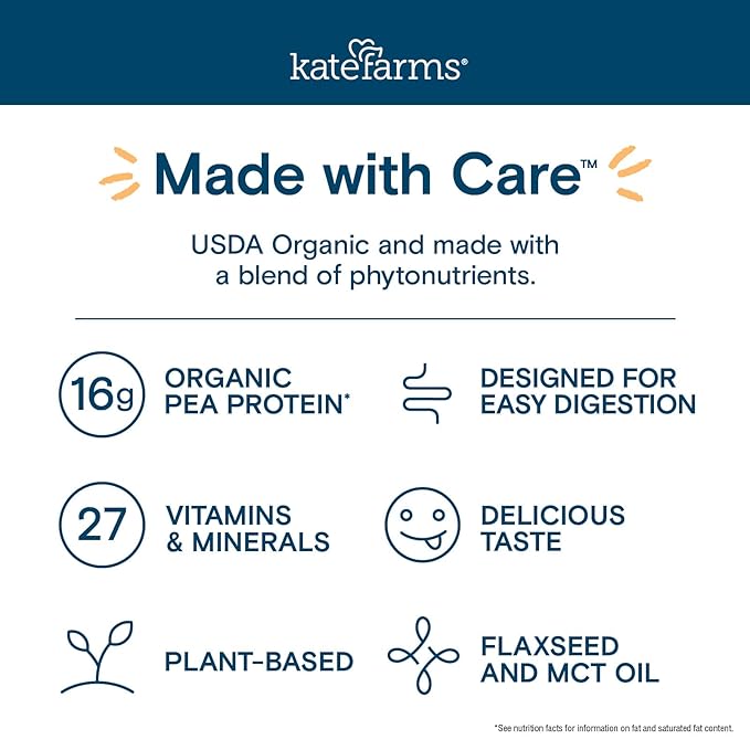 KATE FARMS Organic Nutrition Shake, Chocolate, 16g protein, 27 Vitamins and Minerals, Protein Meal Replacement Drink, Plant Based, 11 oz (6 Pack)