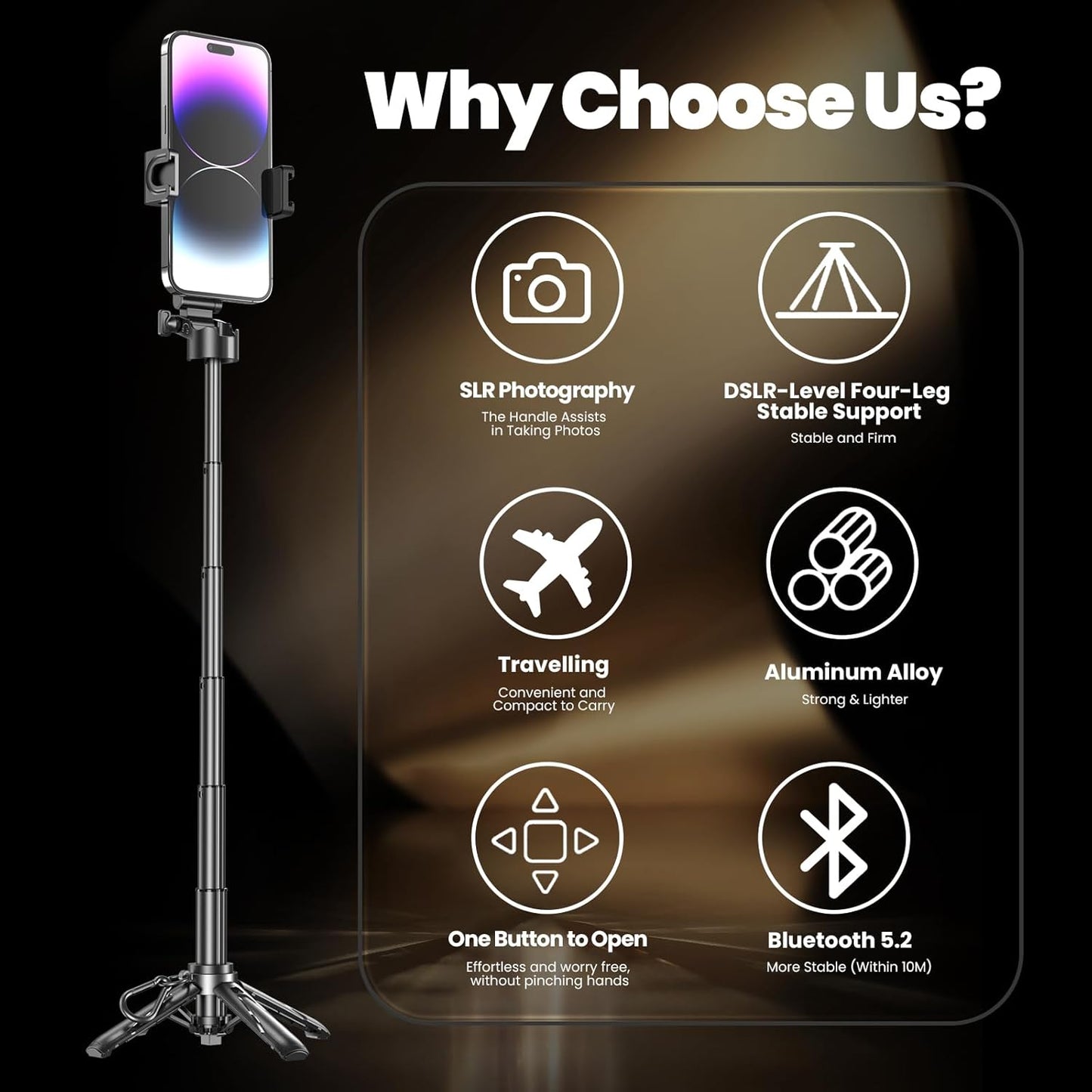 Busdebon 4-in-1 Selfie Sticks for iPhone, Multi-Functional Phone Tripod with Remote Control, Pocket-Sized Mini Selfie
