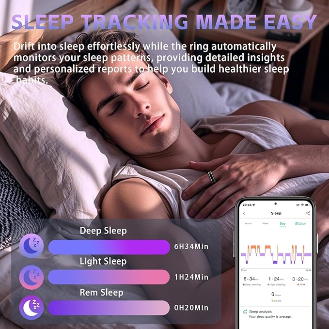 Activity Tracker Ring for Men ??Smart Ring with Heart Rate, SpO2, Blood Pressure, Sleep Monitoring, Step & Calorie Counter, 5ATM Waterproof, No Subscription Fee (Black, 8)