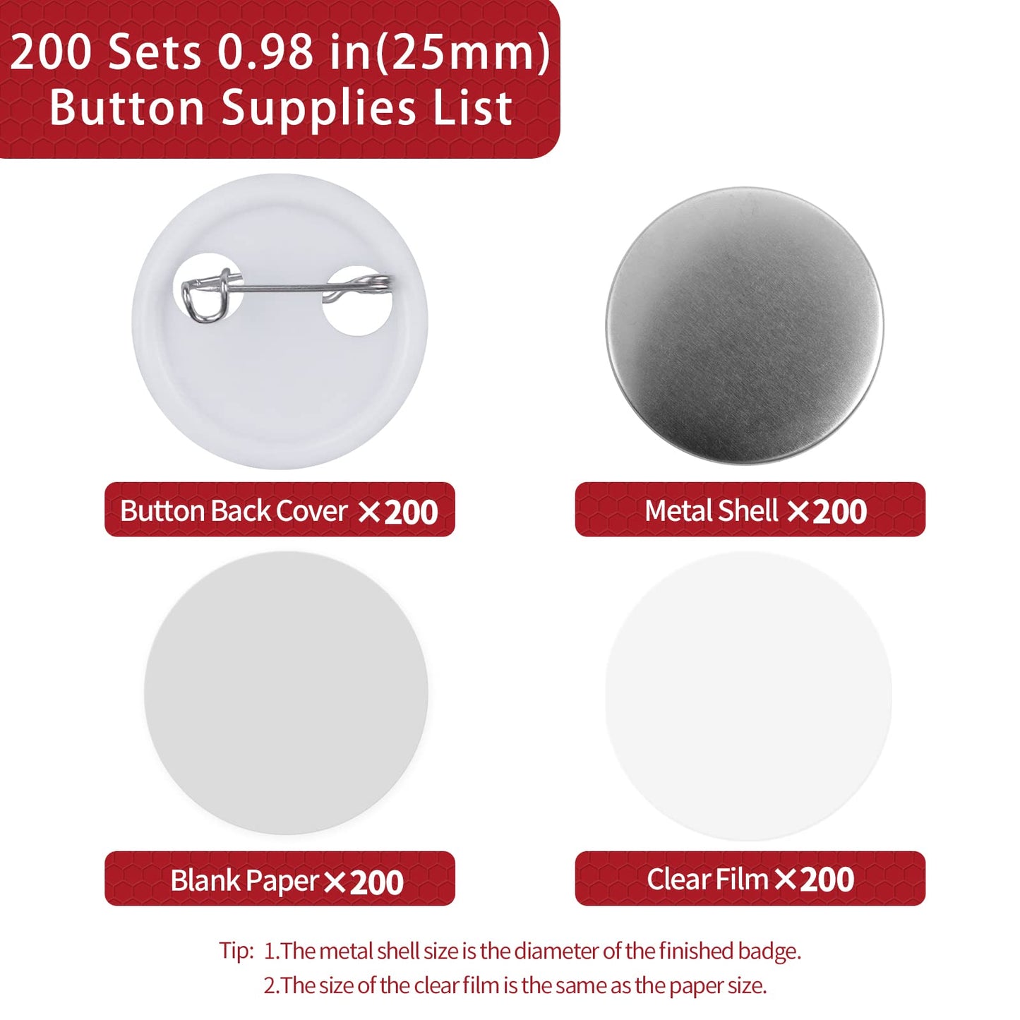 Onemorello 200 Sets Button Maker Supplies, 0.98 inch / 25mm Button Parts Buttons Supplies, Approx. 1 in Blank Badge Parts with Blank Paper for Buttons Maker Machine Pin Maker Press