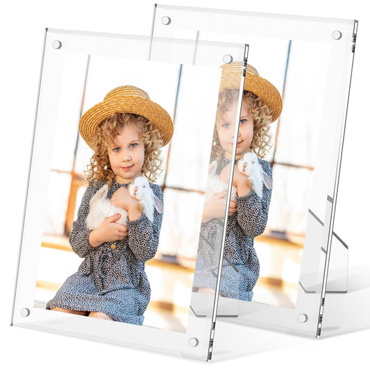 6x8 Inch Acrylic Magnetic Picture Frame,2 PackTransparent Floating Frameless Photo Frame with Easel Stand,Double Sided Tabletop Display Magnetic Acrylic Frame for Home Office Decor Wedding Birthday Gifts