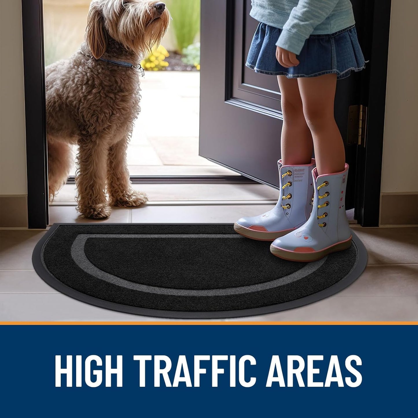 OLANLY Half Circle Door Mat - Waterproof All-Season Indoor/Outdoor Welcome Mat | Sturdy Natural Rubber, 47x32, Black