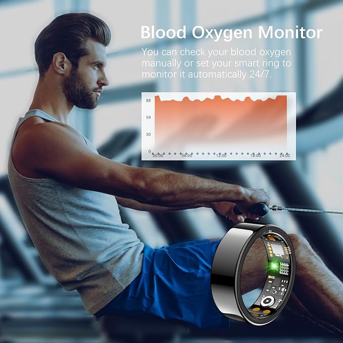 Ring Health Tracker for Women Men, Fit Ring with Heart Rate, Blood Oxygen, Sleep Monitor, Calories, Step Counter, IP68 Waterproof Smart Ring for iPhone & Android, No Subscription Fee (Black, 7#)