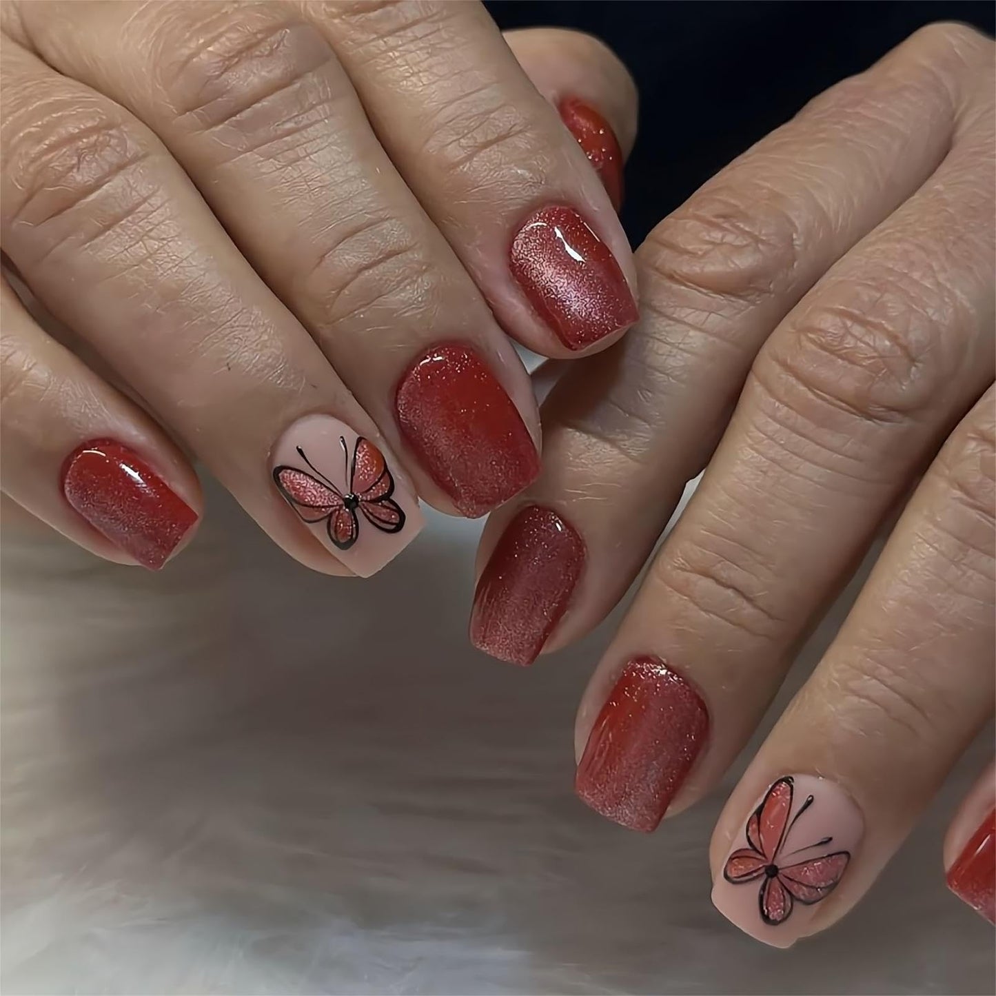 24Pcs Red Press on Nails Short Square Fake Nails Cat's Eye False Nails with Glitter Butterfly Designs Acrylic Nails for Women Manicure