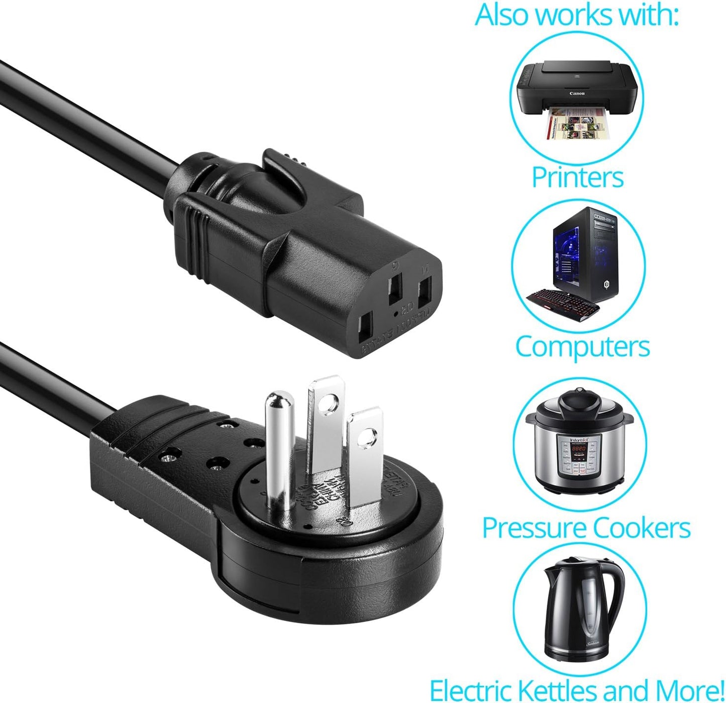 Maximm 3 360 3 16 5-15P IEC13 Monitor Computer Power Cord Ft Flat Plug Rotating PC Cable Prong for, Desktop, Printer