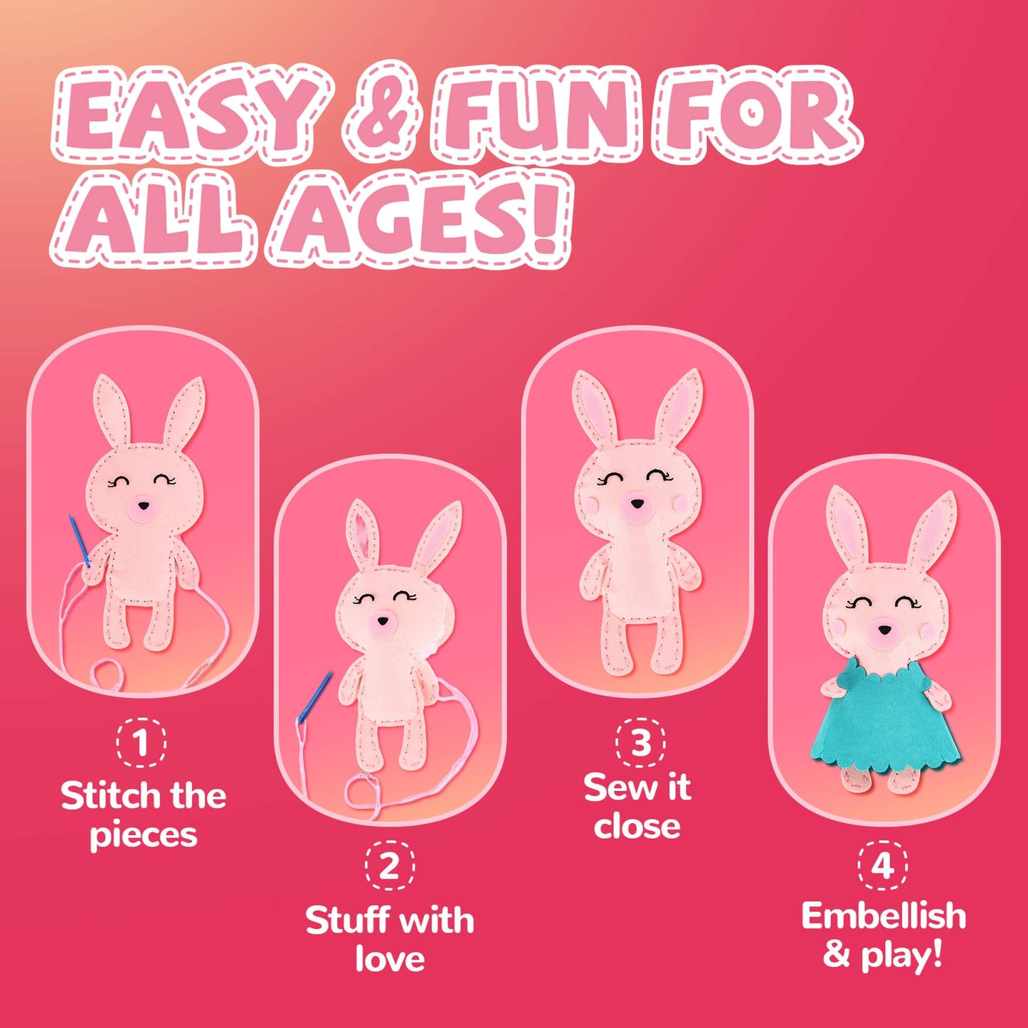 Cymbana Kid Sewing Craft Kit to Make a Friend for Beginner Felt Craft Learn to Sew, Panda Fox Bunny Raccoon Bear 5 Animals