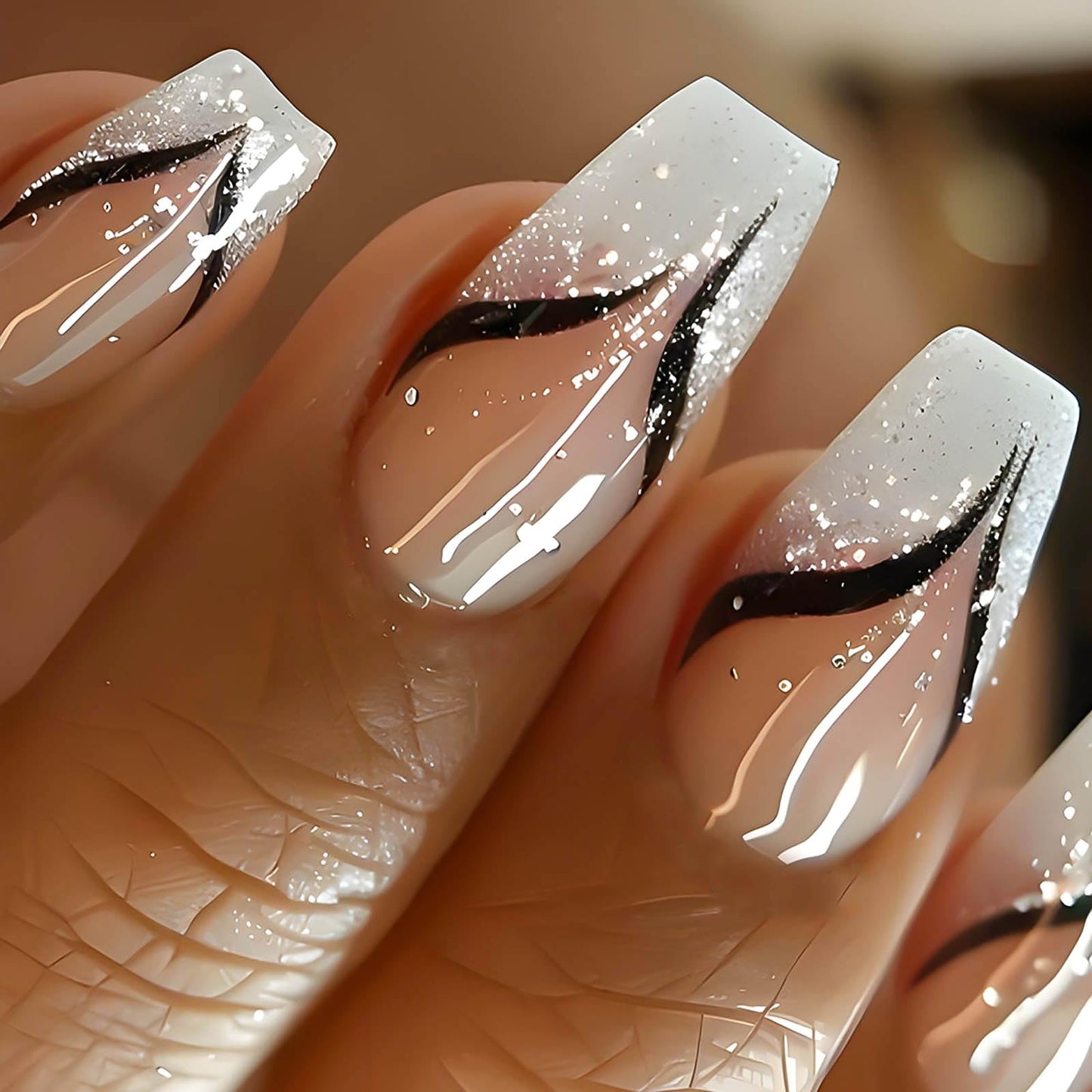 RUOKEXIN Coffin Press on Nails French Tip Fake Nails Medium False Nails with Glitter Designs Medium Coffin Nail Press ons Nude Full Cover Glue on Nails Cute Stick on Nails for Women 24Pcs