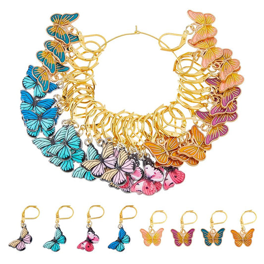 Hobbspring 32Pcs Butterfly Stitch Markers for Crocheting with Lobster Claw Clasps 8 Color Enamel Alloy Locking Charm Markers for Knitting Earring Jewelry Making Accessories