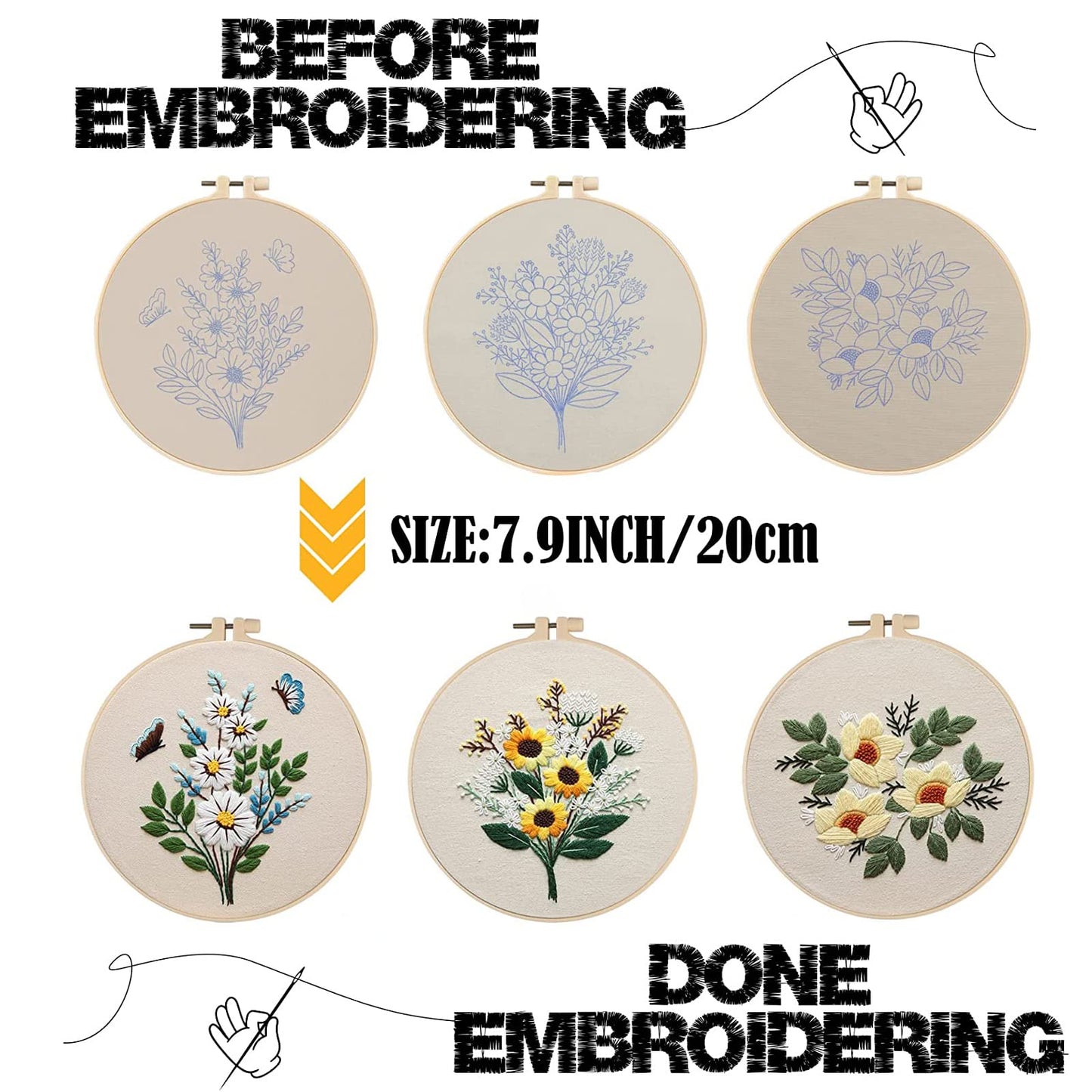 3 Set Embroidery Stitches Practice Kit, Embroidery Kit for Beginners with Embroidery Patterns, Beginner Embroidery Kit, Embroidery Kits for Adults, Hand Embroidery Kit, Embroidery Kit for Kids