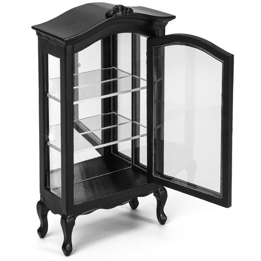 Dollhouse Miniature Curio Cabinet - 1/12 Scale Wooden Display Bookcase with Mirror & Three Shelves for Victorian Living Room, Tiny Antique Vintage Black Classic Dollhouse Dining Room Scene Ornaments