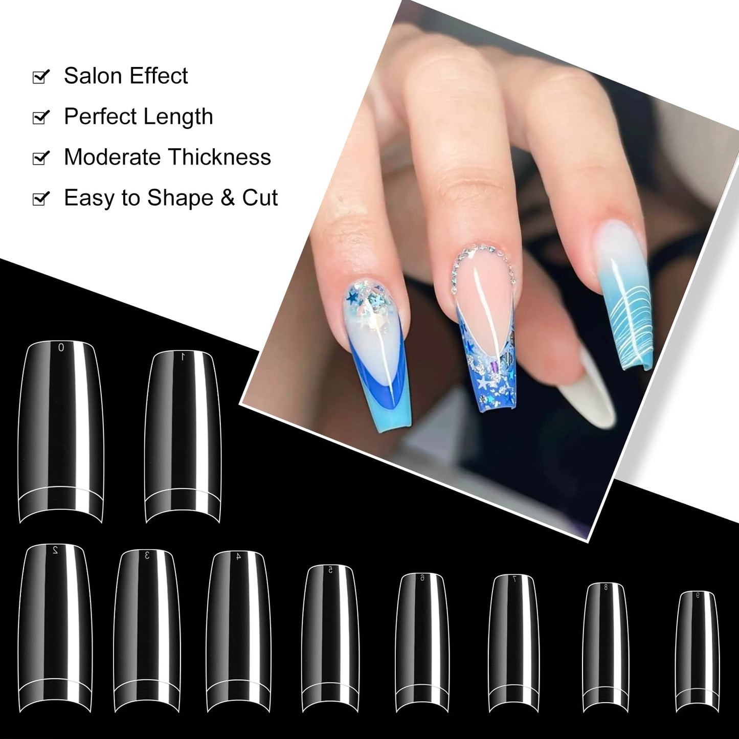 krofaue 500PCS False Nails Tips Lady French Style Acrylic Artificial Tip Manicure Half Cover with Box of 10 Sizes for Nail Tips Art Salons and Home DIY (White+Clear)