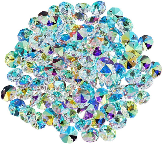 SOFPLATE 1 Box 120Pcs 14mm Crystal Glass Octagon Beads 2 Hole Prism Bead Bulk Colorful Chandelier Replacement Connector Suncatcher Faceted Spacer Bead for DIY Lamp Hanging Ornament Pendant Jewelry