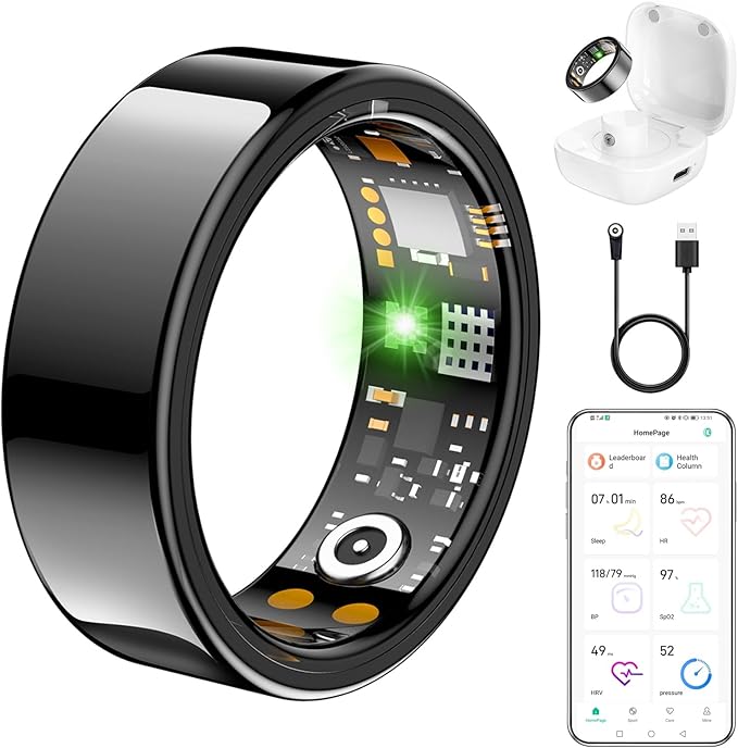 Ring Health Tracker for Women Men, Fit Ring with Heart Rate, Blood Oxygen, Sleep Monitor, Calories, Step Counter, IP68 Waterproof Smart Ring for iPhone & Android, No Subscription Fee (Black, 11#)