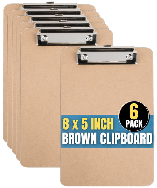 1InTheOffice 5x8 Clipboard, Mini Brown Hardboard Clipboards with Low-Profile Metal Clip, Small Vertical Clip Board for Notes, Receipts, Forms, Office and School, 6 Pack