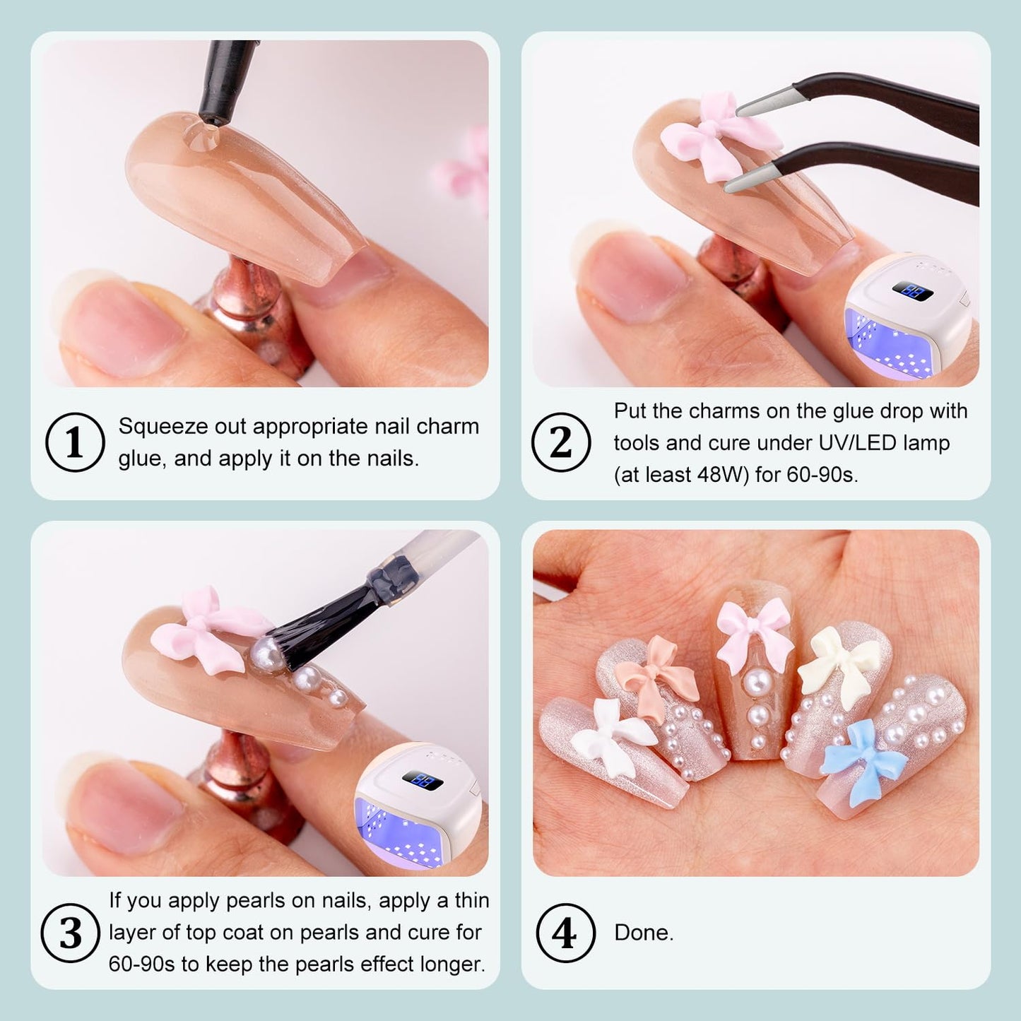 600 Pcs 3D Nail Charms and Flatback Pearls #1, 8 Colors Nail Bows + Pink&White Star Heart Moon Cute Bow Charms + 2-6mm White Pearls for Nail Art Design with Nail Charm Glue(UV Needed) and Pickup Tools