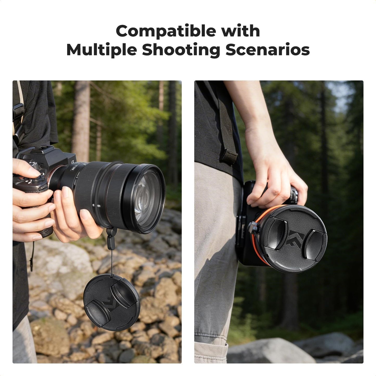K&F CONCEPT 49mm 4-in-1 Pinch Lens Cap Cover, Center Lens Cover + Anti-Loss Keeper Leash + Microfiber Cleaning Cloth
