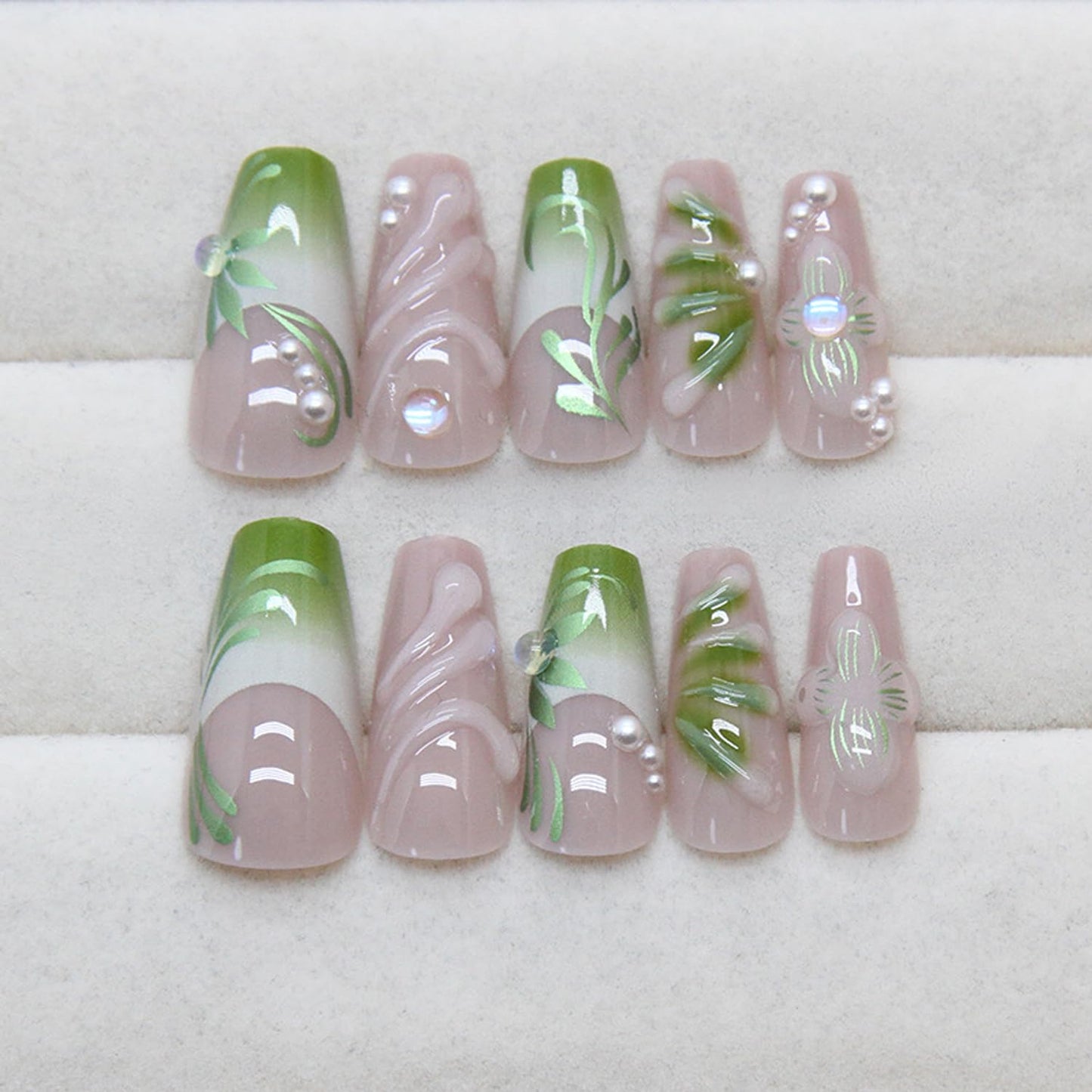 24Pcs Green French Press on Nails with 3D Vine Gradient Pearl Design False Nails French Nails Tips Leaves Floral Press on Handmade Full Cover Glossy Reusable DIY Nails for Women&Girl