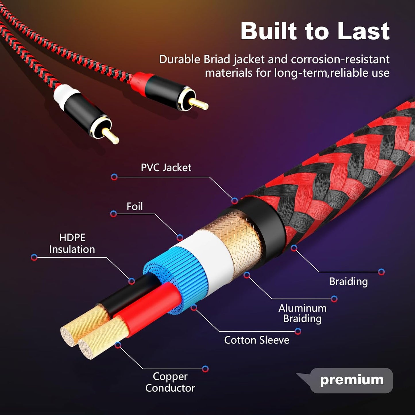 Jelly Tang 10Ft,2Rca 2-RCA etc(10Ft/3M) RCA Cable Male to Male Audio Stereo Subwoofer Cable [Hi-Fi Sound] Nylon-Braided