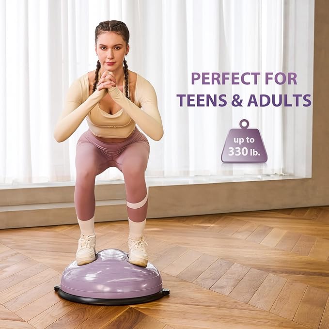 ZELUS Balance Ball Trainer with Resistance Bands and Foot Pump, Inflatable Yoga Ball for Home Gym Workouts, 23 Inch Exercise Half Ball for Balance Training Core Strength Fitness More, 330lb Cap