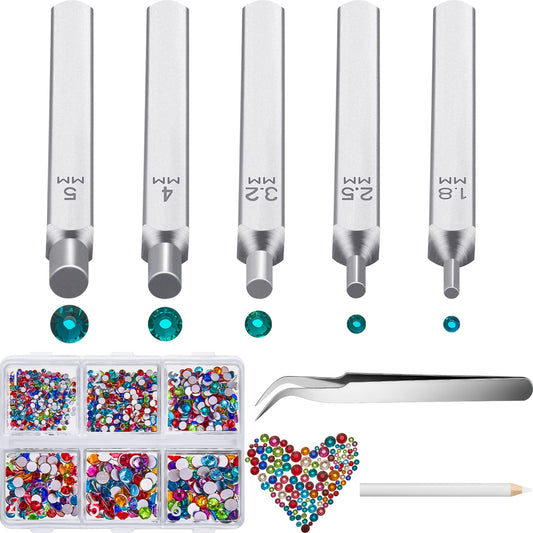 Chumia 13 Pieces Jewelry Metal Stamping Tools Crystals Setter Kit, 5 Metal Stamping Punches with Tweezer Picking Pen Storage Box 2500 Pieces Colored Rhinestones Crystals for DIY Crafts Jewelry