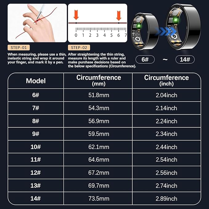Ring Health Tracker for Women Men, Fit Ring with Heart Rate, Blood Oxygen, Sleep Monitor, Calories, Step Counter, IP68 Waterproof Smart Ring for iPhone & Android, No Subscription Fee (Black, 8#)
