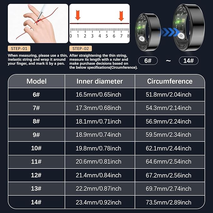 Health Tracker Ring, Smart Health Ring for Women Men with Heart Rate, Blood Oxygen, Sleep Monitor, Steps,Calories, No Subscription Fee, IP68 Waterproof Smart Ring for iphone & Android (Black, 10#)
