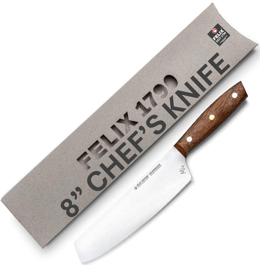 Zepter Felix MIU Chef Knife, 8in long global kitchen knife. Butcher knife for meat cutting, vegetable&bread slicing. Chef's walnut handle, sharp carbon steel, handmade Germany cooking tools est. 1790