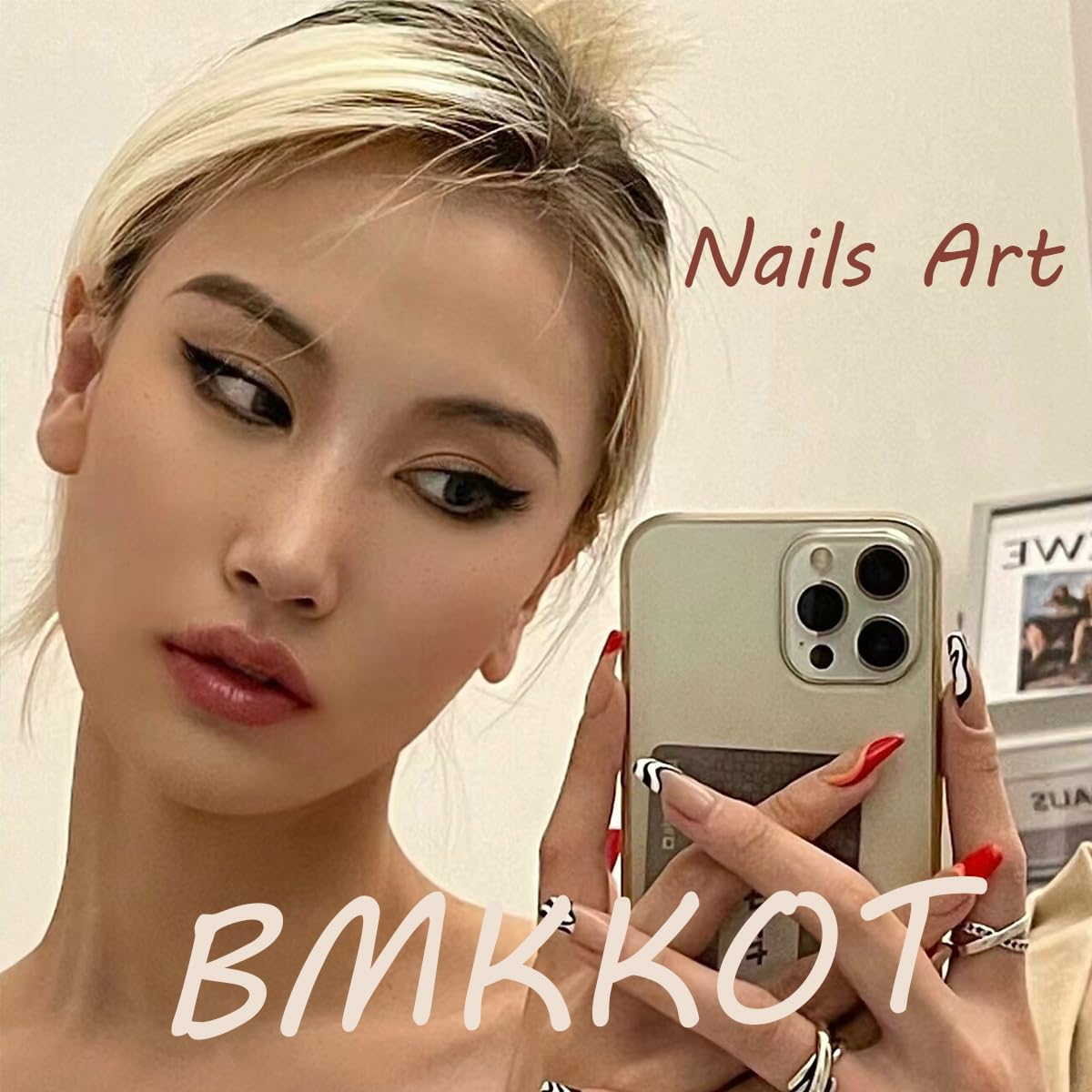 French Tip Press on Nails Medium Almond Fake Nails 3D Snake Rhinestones Design Nude Pink Acrylic Nails White French Nails Tip Glossy Glue on Nails Full Cover Artificial False Nails for Women 24Pcs