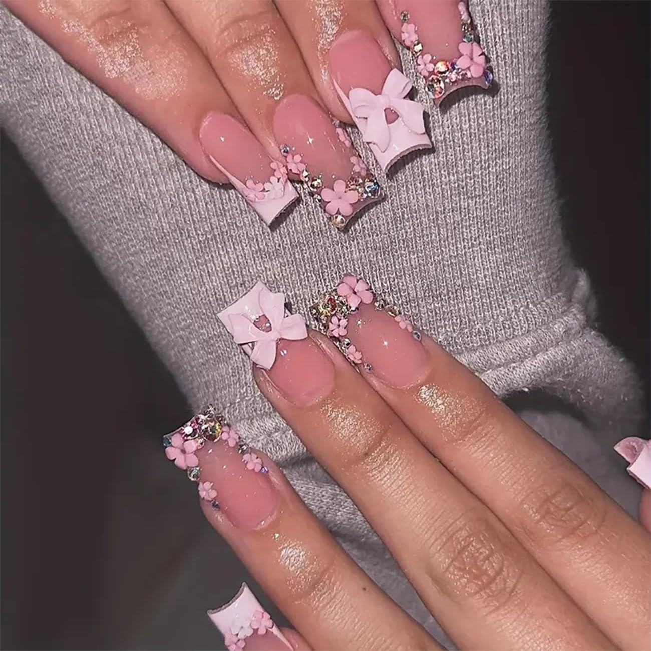 French Tip Press on Nails Medium Length Fake Nails 3D Bow Flower Design Nude Color French Nail Tips Charms Nails Rhinestones Nails for Women Daily Wear Cute False Nails 24Pcs