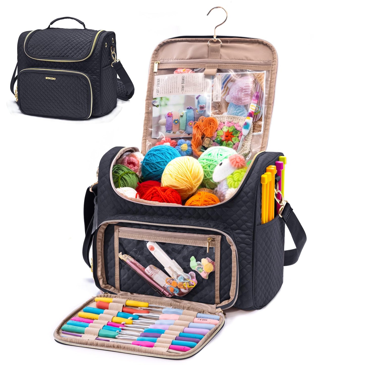 MYBAGZING Crochet Bag Organizer - Quilted Storage Bag with Hanging Hook, Knitting & Yarn Tote for Crochet Accessories, Mother's Day Gift