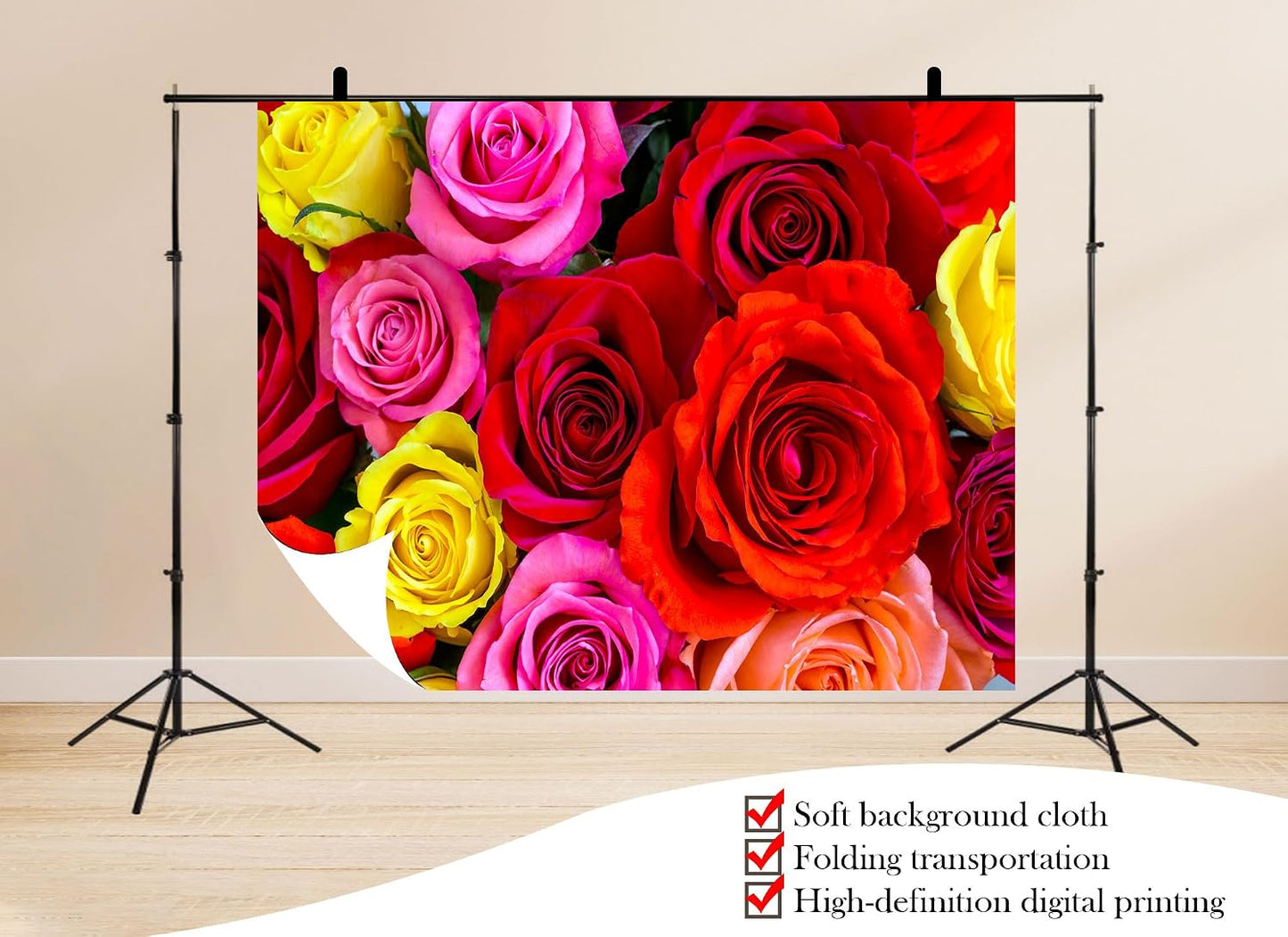 UPXIO 5x3ft Colorful Rose Bouquet Backdrop Mixed Red Pink Yellow Roses Photo Background Tapestry for Valentine's Day