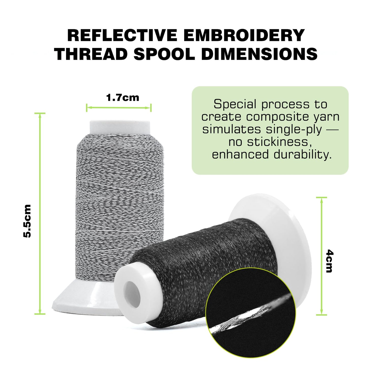 SunBling High-Visibility Reflective Embroidery Thread Kit Improved Night Safety, 2X200M(218Yds) Each Spool Polyester Sewing Machine Thread Suitable for Hand Embroidery, Sewing, Quilting (Black&Gray)