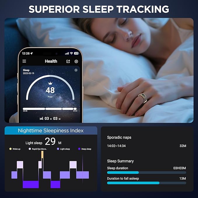 Smart Rings for Men with Display Screen, Fitness Ring with Wireless Charging, Sleep Tracker Ring with Heart Rate, Health Rings for Activity Monitoring/Steps/Calories, for iOS Android (Black,9#)