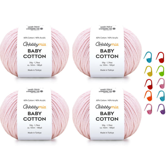 HobbyMia Baby Cotton Blend Yarn – Soft Sport Weight Yarn for Crochet & Amigurumi - 50g/180yds - 60% Cotton 40% Acrylic - Ideal for Baby & Knitting Proj. & 10 Stitch Markers(Light Pink, 4 Balls)