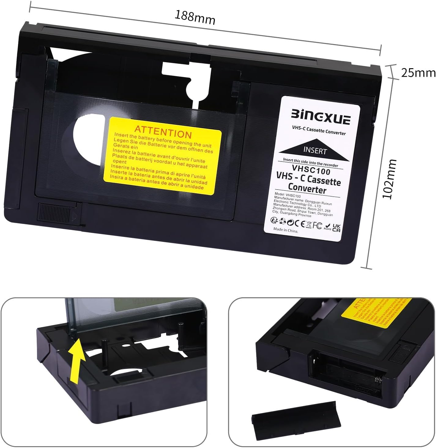 Bingxue Cassette 3 8mm/MiniDV/Hi8 VHS-C to VHS Adapter for SVHS Camcorders RCA + VCC Micro-Fiber Cloth NOT Compatible