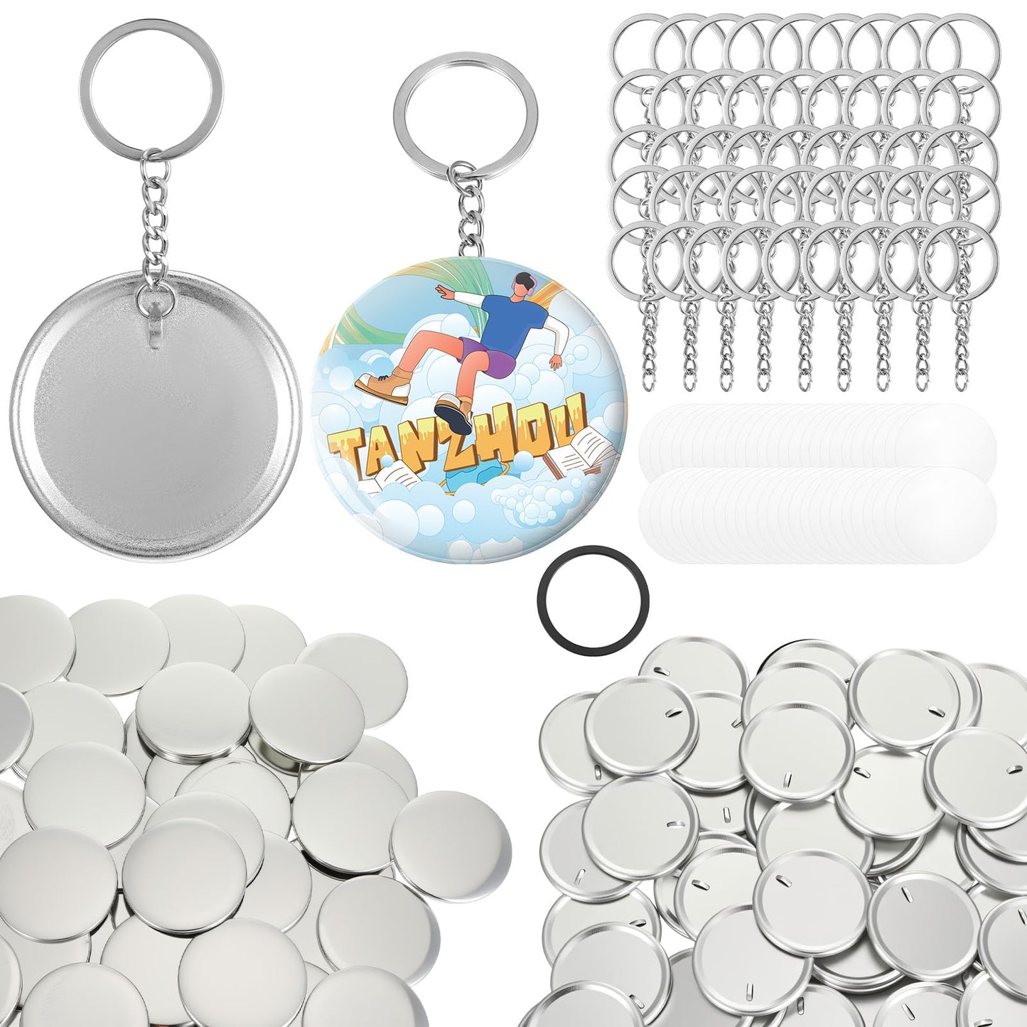 100 Sets Button Maker Keychains Supplies 58mm/2.25 inch Button Making Supplies for Metal Buttons Keychain Maker Machine with Shell Back Cover Film Chain Head