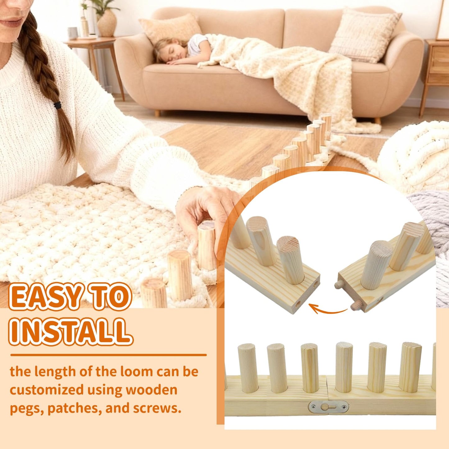 46" Extra-Large Chunky Blankets Loom Frame, Adjustable DIY Wooden Weaving Blanket Maker, No Needles Craft Kit for Home Decor & Stress Relief, Beginner-Friendly