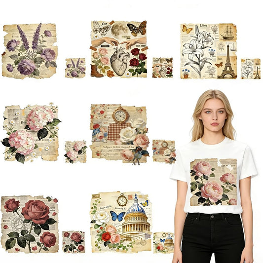 SUPERDANT 16pcs Heat Transfer Sticker Retro Newspaper Elements Iron On Transfers Vintage Floral 20x20cm/7.87x7.87inch and 8x8cm/3.15x3.15inch Sizes for T-Shirts Hoodies Bags Colorful