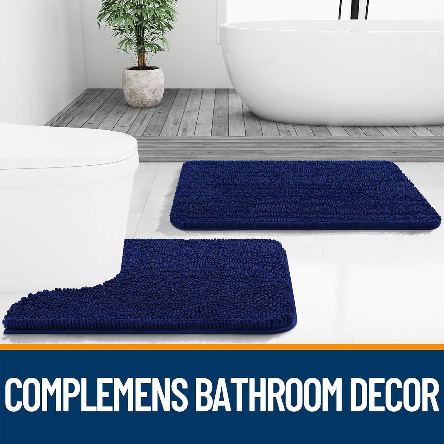 OLANLY Large Bathroom Rugs - Extra Soft Chenille Bath Mat with Rubber Backing | 59x35 Inches, Navy
