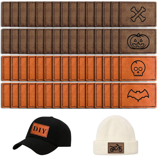60pcs Blank Hat Patches 2 Types of Shape Laser Engraving Label Tag Laserable Rustic Leatherette Patch Adhesive Faux Leather Patches Iron hot Press Fabric Custom Repair Sew Laser Glowforge Supplies