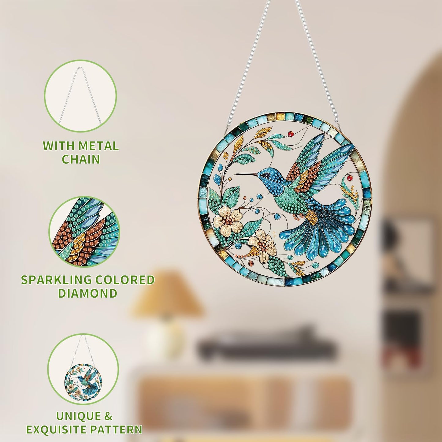 AIBOERL Diamond Art Hanging Kit for Adult,Special Shaped Rhinestone,Double Sided 5D DIY Acrylic Diamond Art Painting Window Pendants Home Garden Wall Hanging Kits Hanging Ornament (Hummingbird)