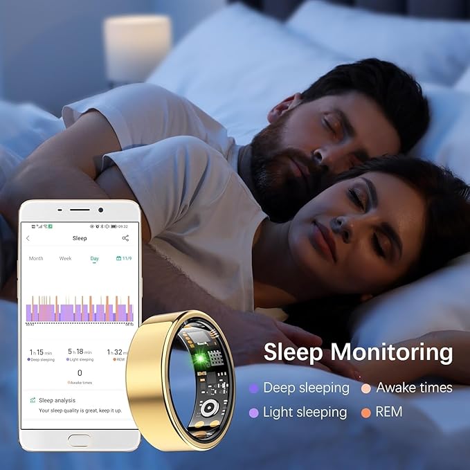 Health Tracker Ring, Smart Health Ring for Women Men with Heart Rate, Blood Oxygen, Sleep Monitor, Steps,Calories, No Subscription Fee, IP68 Waterproof Smart Ring for iPhone & Android (Gold, 11#)
