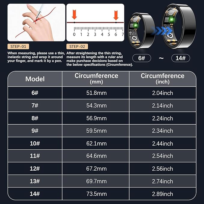 Smart Health Ring for Women Men, Fitness Tracker Ring with Heart Rate, Blood Oxygen, Sleep Tracker, Step Tracker, No Subscription Fee, IP68 Waterproof Smart Ring for iPhone & Android (Black, 12#)